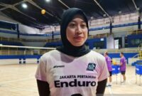 Pemain Jakarta Pertamina Enduro Megawati Hangestri memberikan keterangan pada media di sela-sela sesi latihan di Pertamina Arena Simprug, Jakarta, Selasa (3/3/2026). (ANTARA/Aditya Ramadhan)